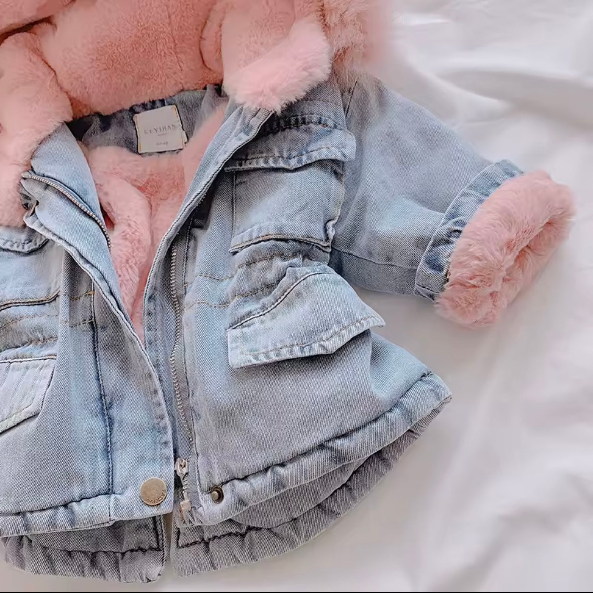 Girls Denim Winter Jacket – Faux Fur Lined Jean Coat with Pink Hood (Size 3T)
