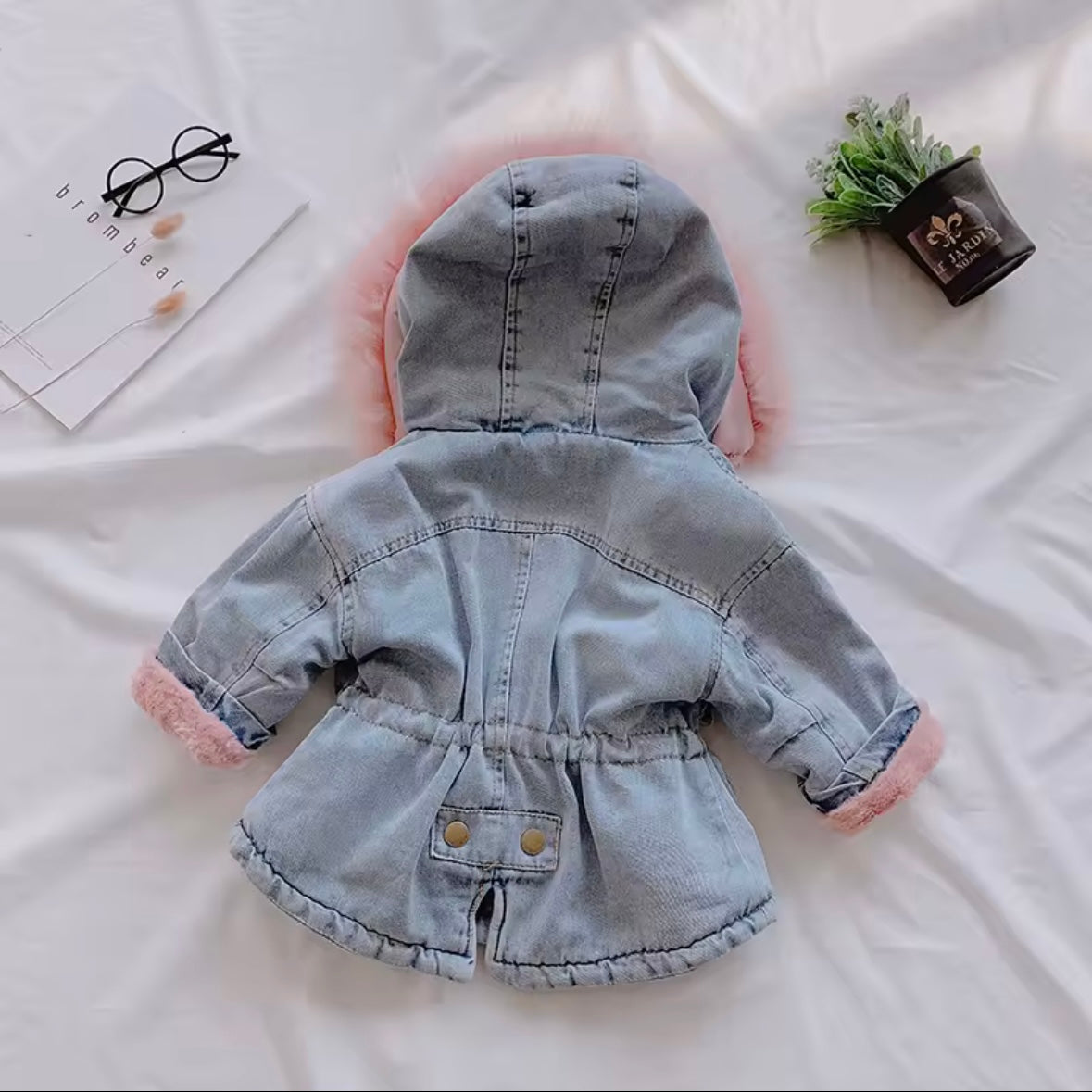 Girls Denim Winter Jacket – Faux Fur Lined Jean Coat with Pink Hood (Size 3T)