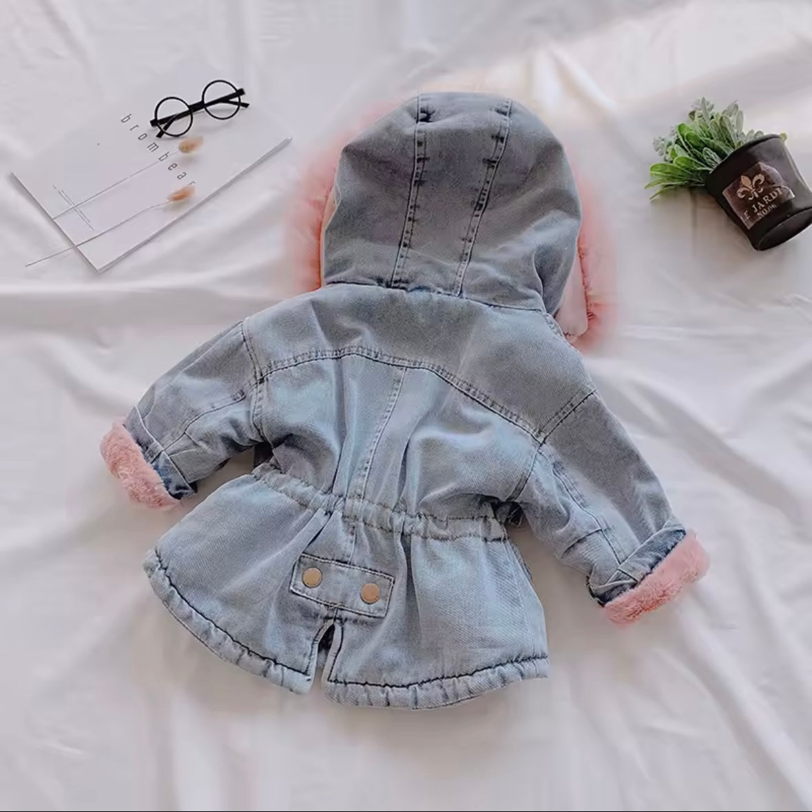 Girls Denim Winter Jacket – Faux Fur Lined Jean Coat with Pink Hood (Size 3T)