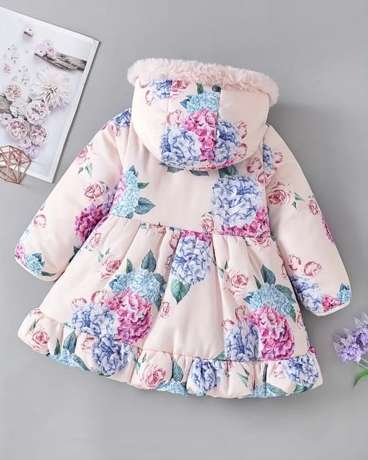 Premium Floral Winter Coat for Toddler Girls | 3T Warm Hooded Jacket with Faux Fur Lining | Elegant Puffer Style Kids Outerwear