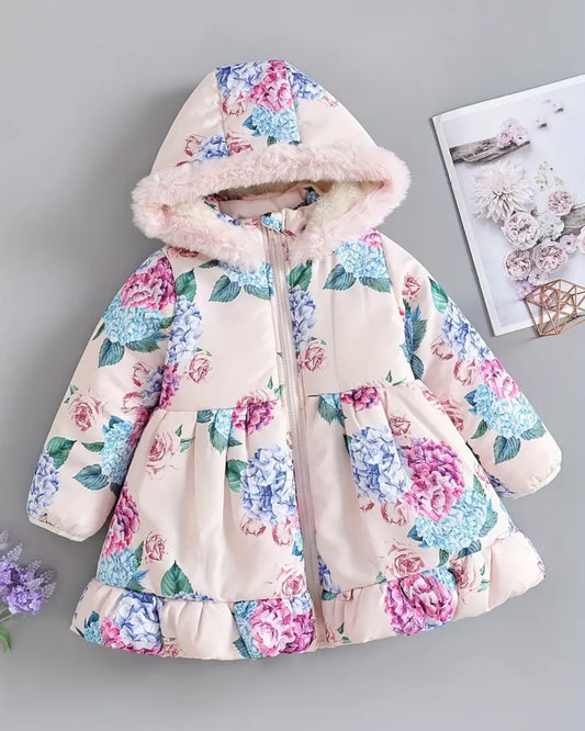 Premium Floral Winter Coat for Toddler Girls | 3T Warm Hooded Jacket with Faux Fur Lining | Elegant Puffer Style Kids Outerwear