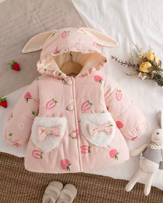 Baby Girl Strawberry Bunny-Ear Winter Coat with Fuzzy Bow Pockets | 12–18 Months | Toddler Girl Boutique Jacket