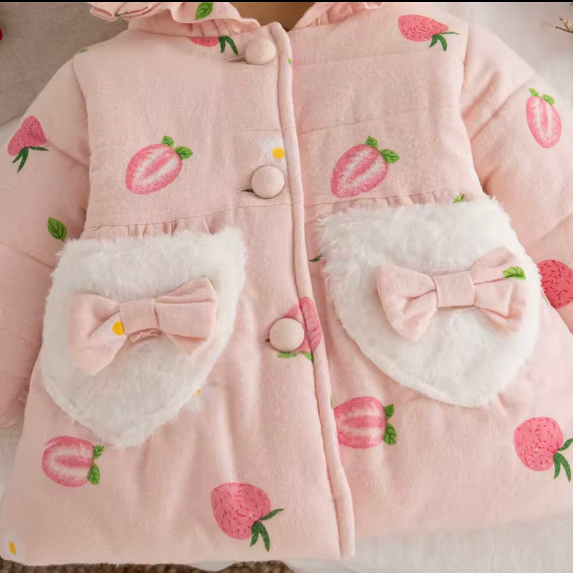 Baby Girl Strawberry Bunny-Ear Winter Coat with Fuzzy Bow Pockets | 12–18 Months | Toddler Girl Boutique Jacket