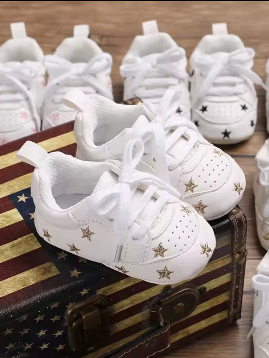 White Baby Sneakers with Gold Stars | Soft Sole Crib Shoes for Baby Boys & Girls | 7–12 Months Trendy Infant Sneakers
