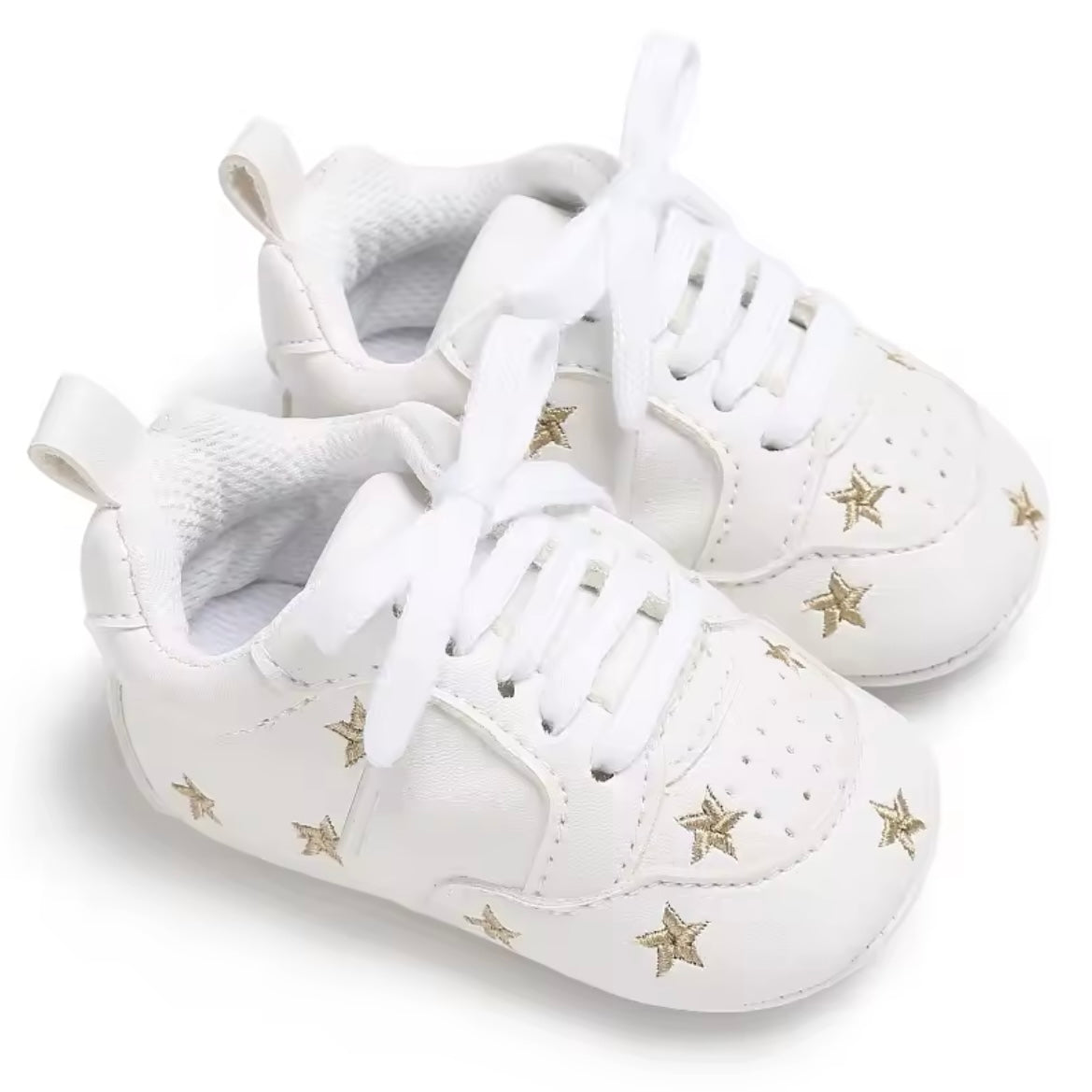 White Baby Sneakers with Gold Stars | Soft Sole Crib Shoes for Baby Boys & Girls | 7–12 Months Trendy Infant Sneakers