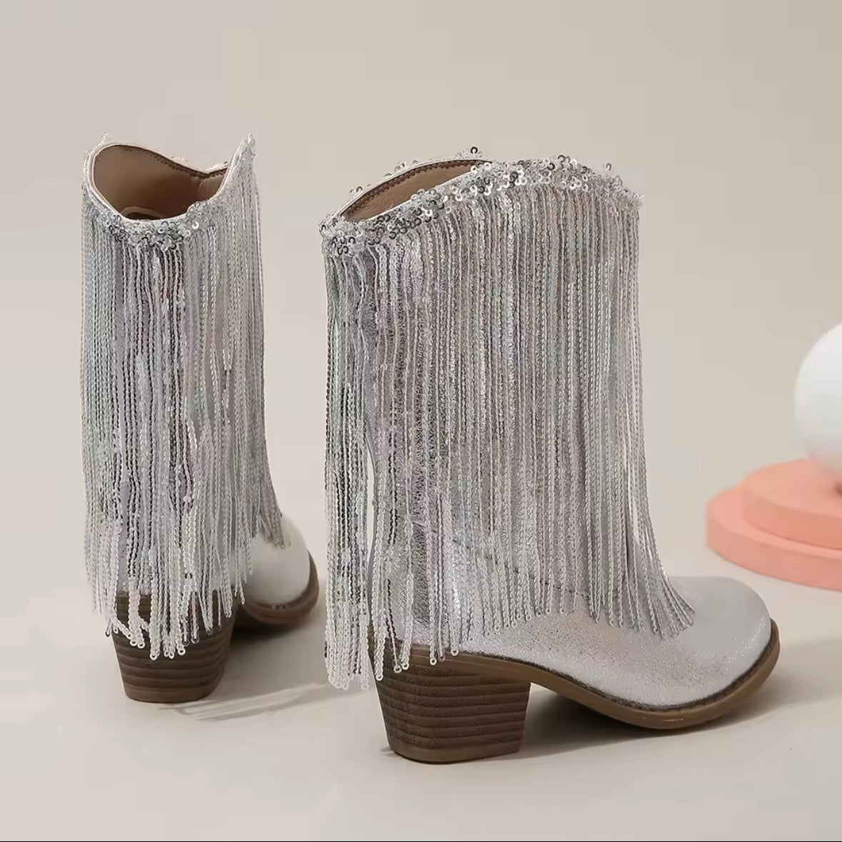 Girls Silver Fringe Cowboy Boots ✨ Sequin Western Style | Size EU 31 (US 13 Little Kid)