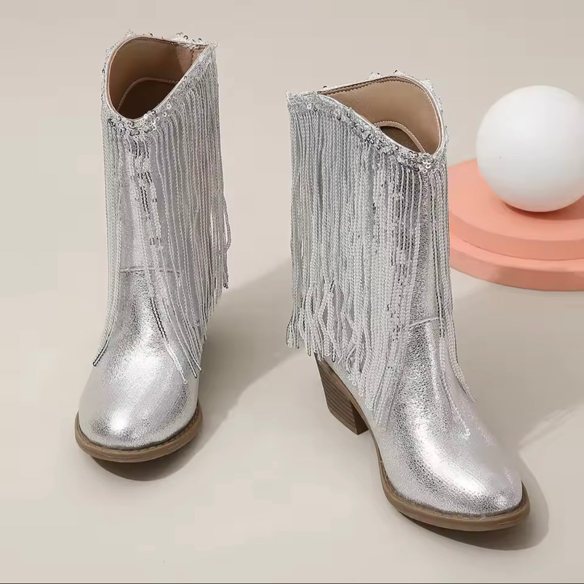 Girls Silver Fringe Cowboy Boots ✨ Sequin Western Style | Size EU 31 (US 13 Little Kid)