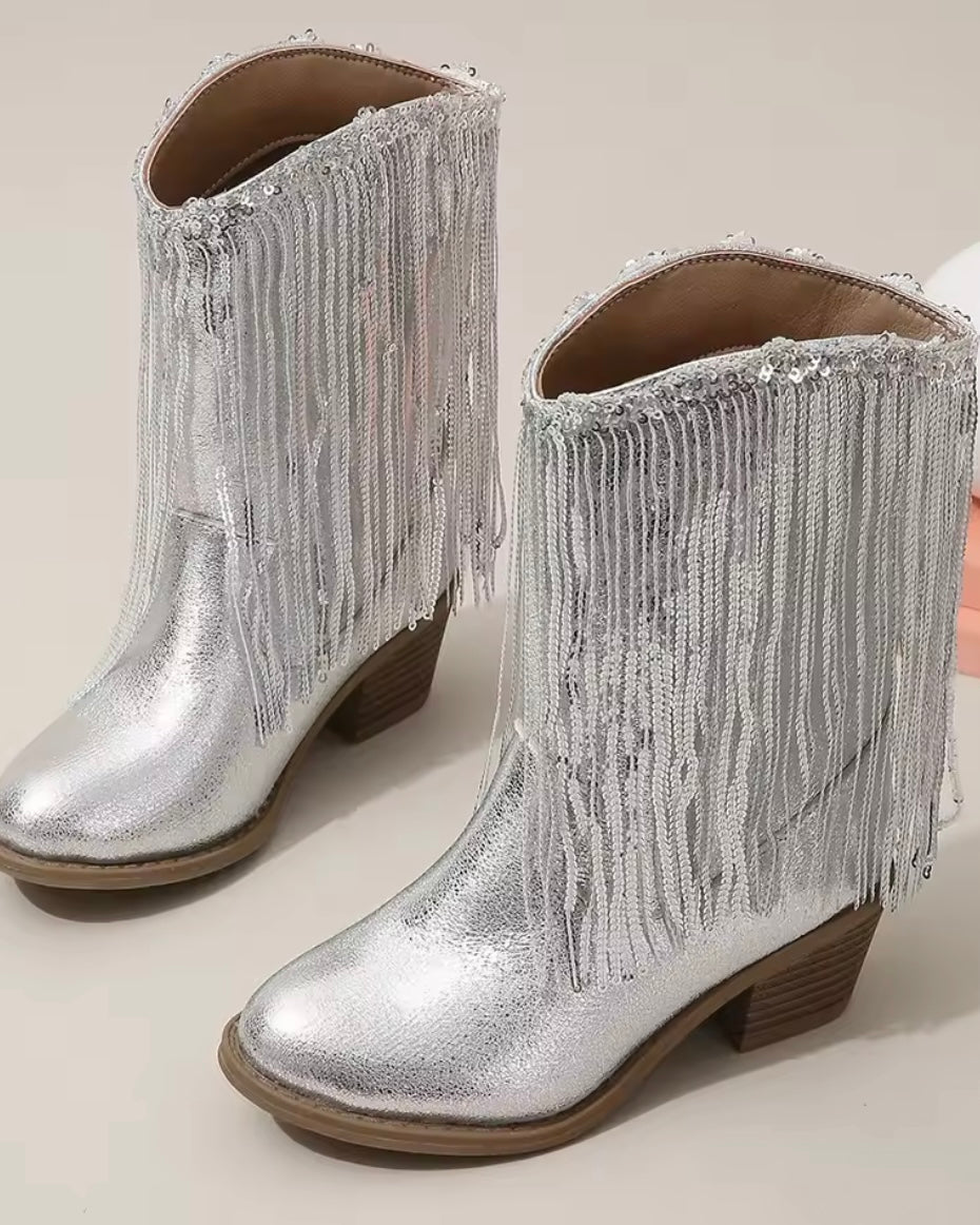 Girls Silver Fringe Cowboy Boots ✨ Sequin Western Style | Size EU 31 (US 13 Little Kid)
