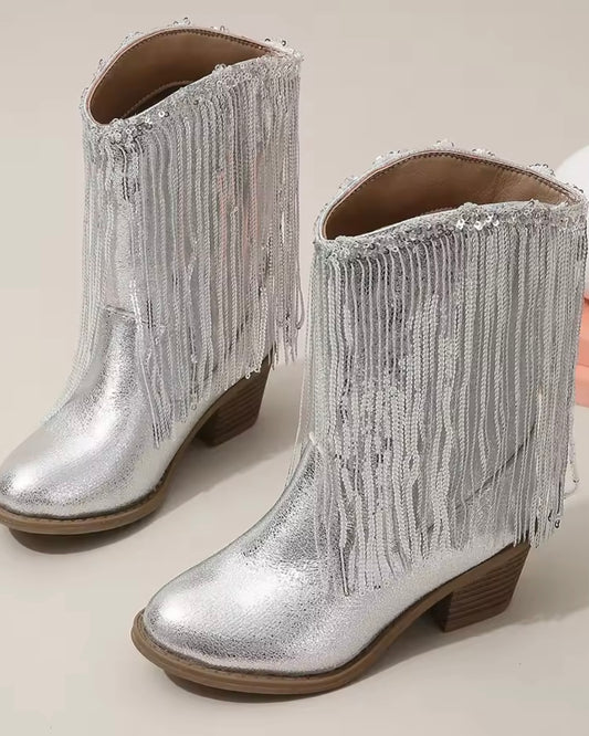 Girls Silver Fringe Cowboy Boots ✨ Sequin Western Style | Size EU 31 (US 13 Little Kid)