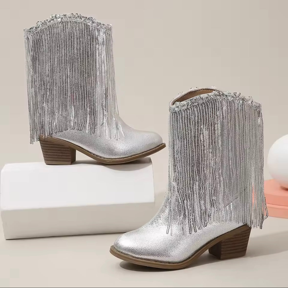 Girls Silver Fringe Cowboy Boots ✨ Sequin Western Style | Size EU 31 (US 13 Little Kid)