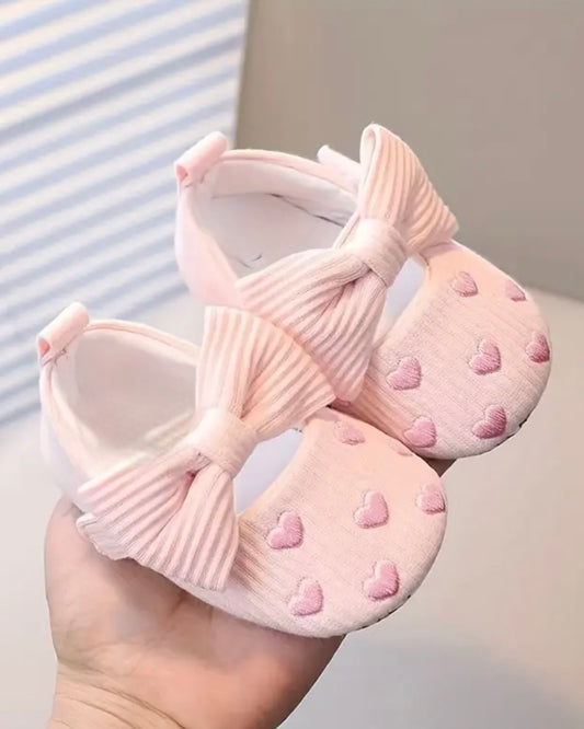 Pink Baby Girl Bow Flats with Embroidered Hearts | Size US 3.5 Toddler | Infant & Toddler Dress Shoes
