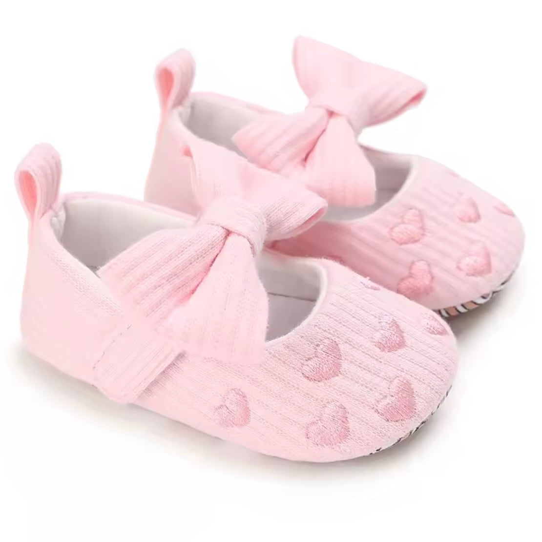 Pink Baby Girl Bow Flats with Embroidered Hearts | Size US 3.5 Toddler | Infant & Toddler Dress Shoes