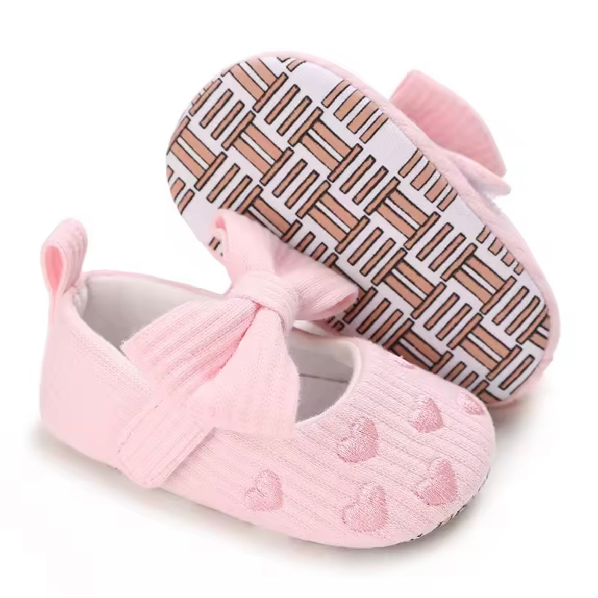 Pink Baby Girl Bow Flats with Embroidered Hearts | Size US 3.5 Toddler | Infant & Toddler Dress Shoes