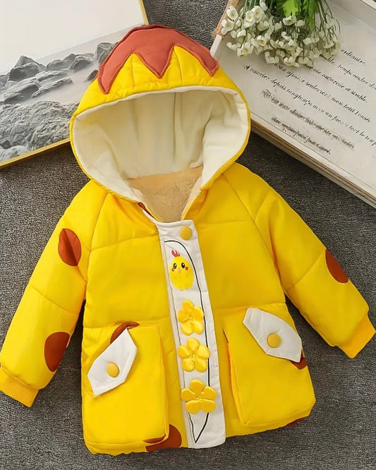 Toddler Yellow Fleece-Lined Puffer Jacket with Crown Hood & Flower Details – (18–24M)