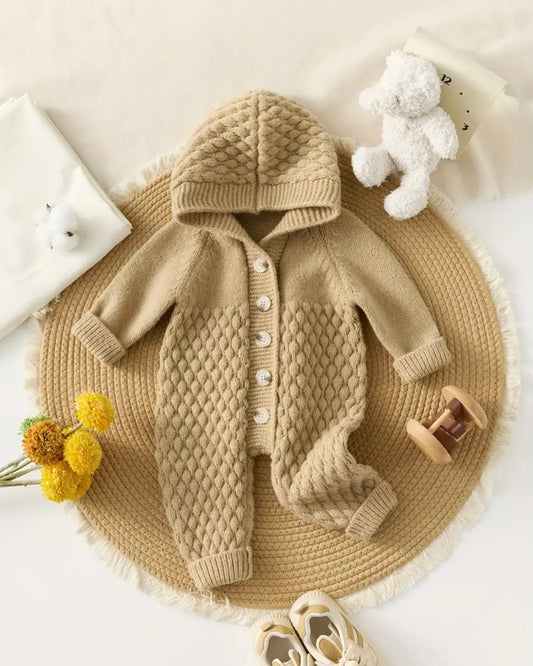 Premium Knitted Baby Romper with Hood – Beige (3–6M)