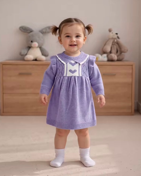 Lavender Knit Baby Girl Dress with Heart Detail – Size 9-12M