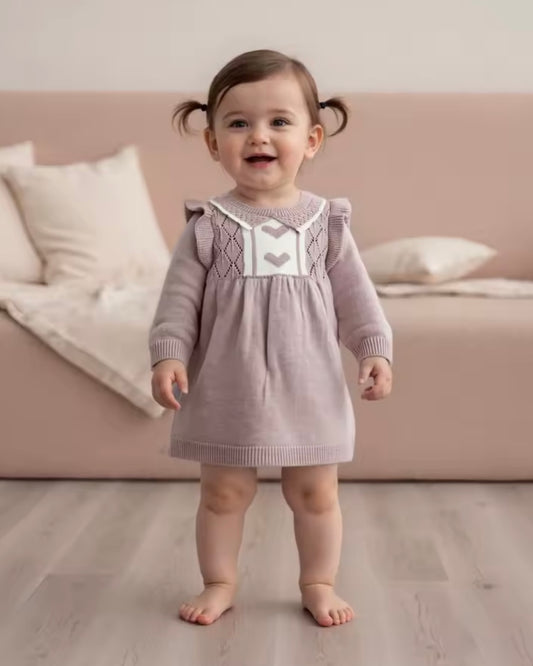 Knit Baby Dress with Heart Detail – Mauve (6–9M)
