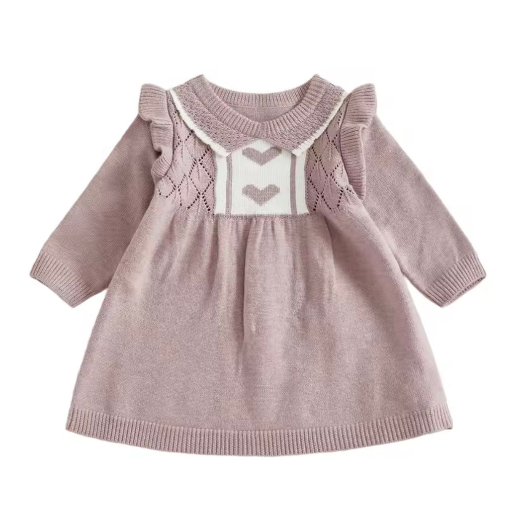 Knit Baby Dress with Heart Detail – Mauve (6–9M)