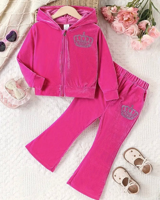 Hot Pink Velour Crown Tracksuit – Size 3T