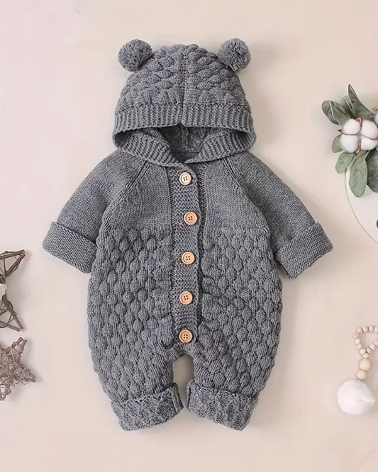 Cozy Knit Baby Romper with Bear Ear Hood – Grey (3–6M)