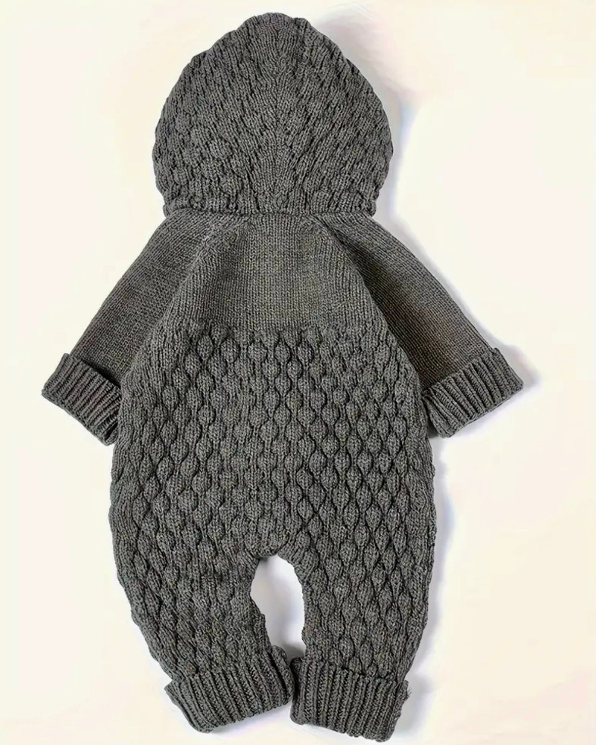 Cozy Knit Baby Romper with Bear Ear Hood – Grey (3–6M)
