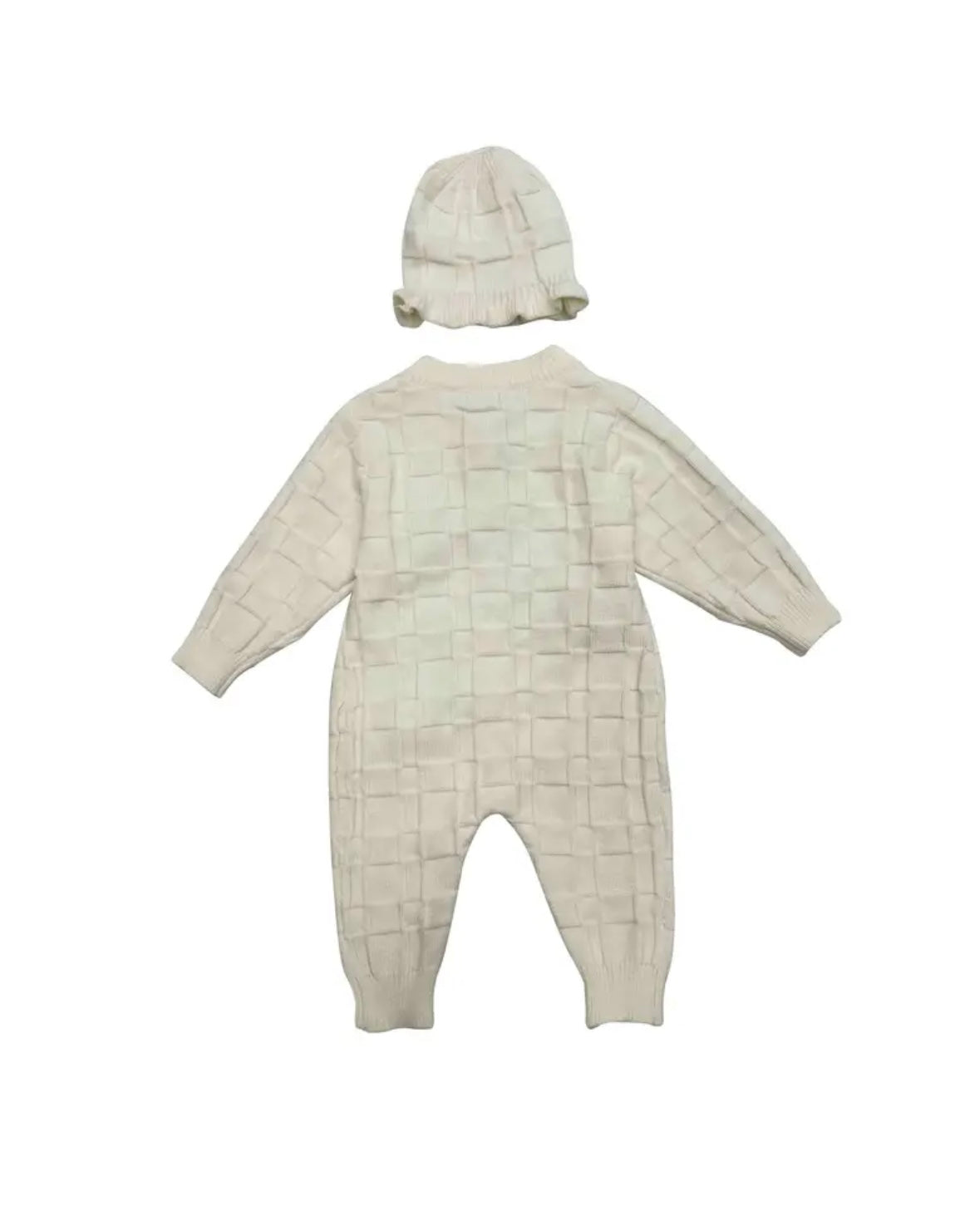 Crochet Flower Knit Baby Romper with Matching Hat – Cream (3–6M)