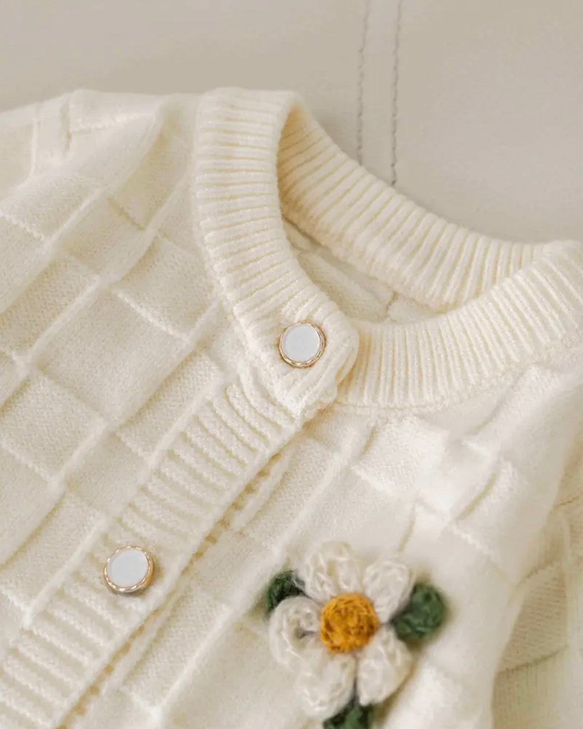 Crochet Flower Knit Baby Romper with Matching Hat – Cream (3–6M)