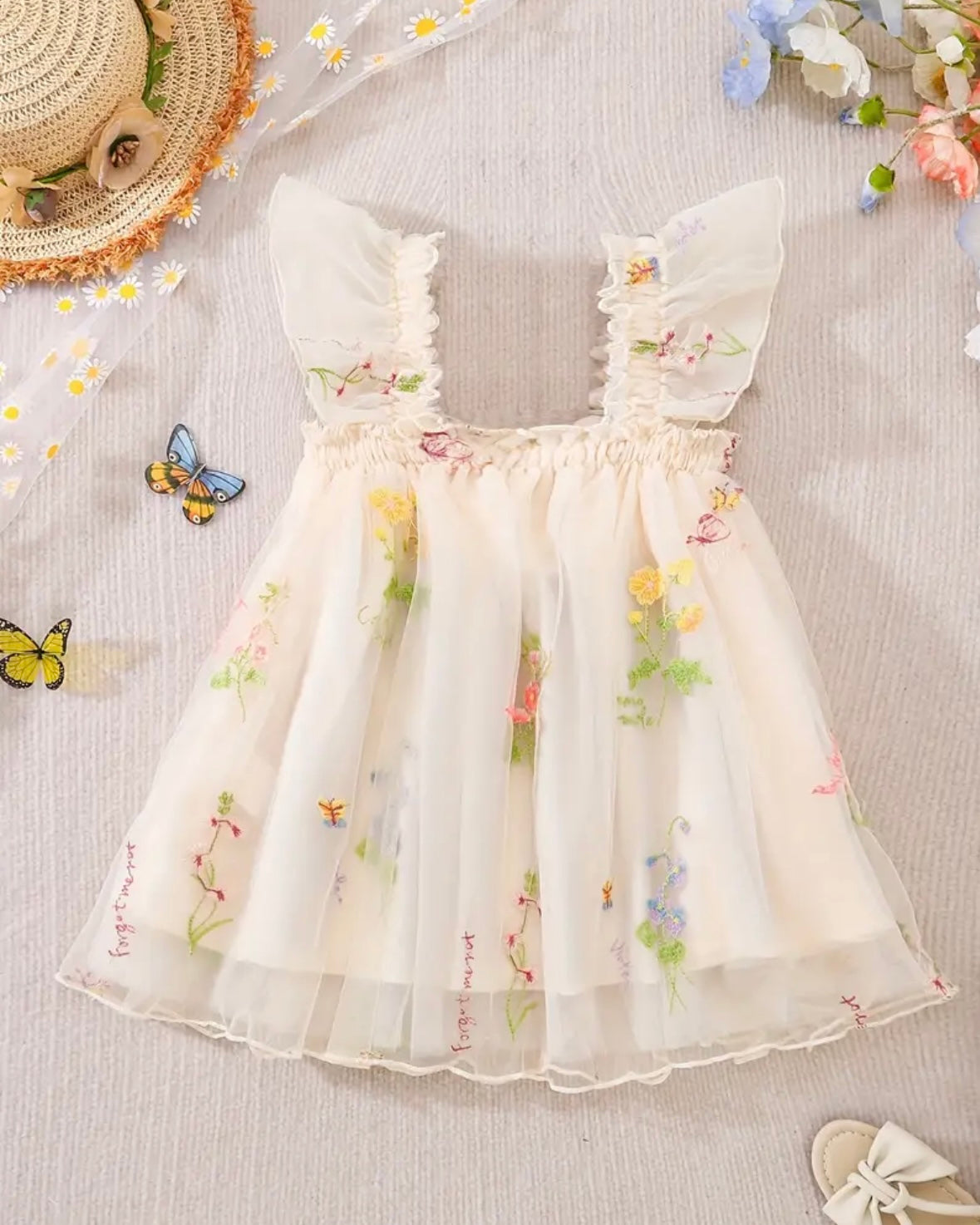 Floral Embroidered Tulle Baby Dress – Ivory (9–12M)