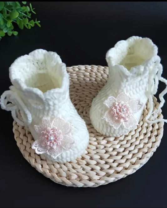 Handmade Crochet Baby Booties with Lace Flower – White (US 2 Infant)