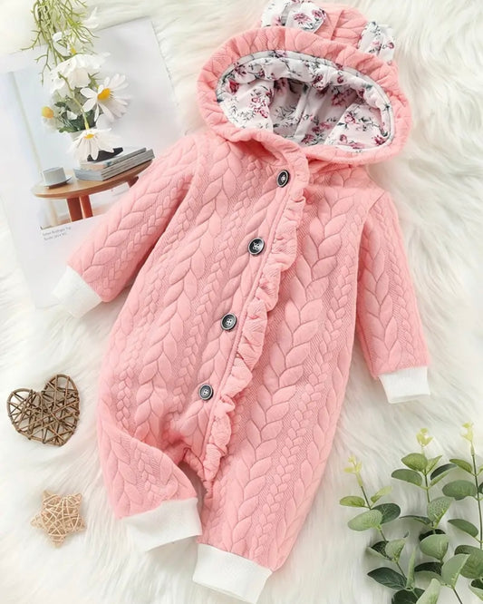 Quilted Baby Romper with Floral Hood – Pink (3–6M)