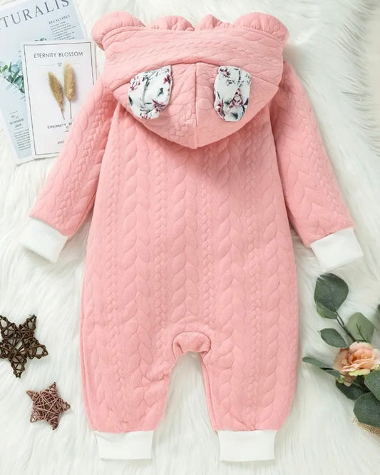Quilted Baby Romper with Floral Hood – Pink (3–6M)