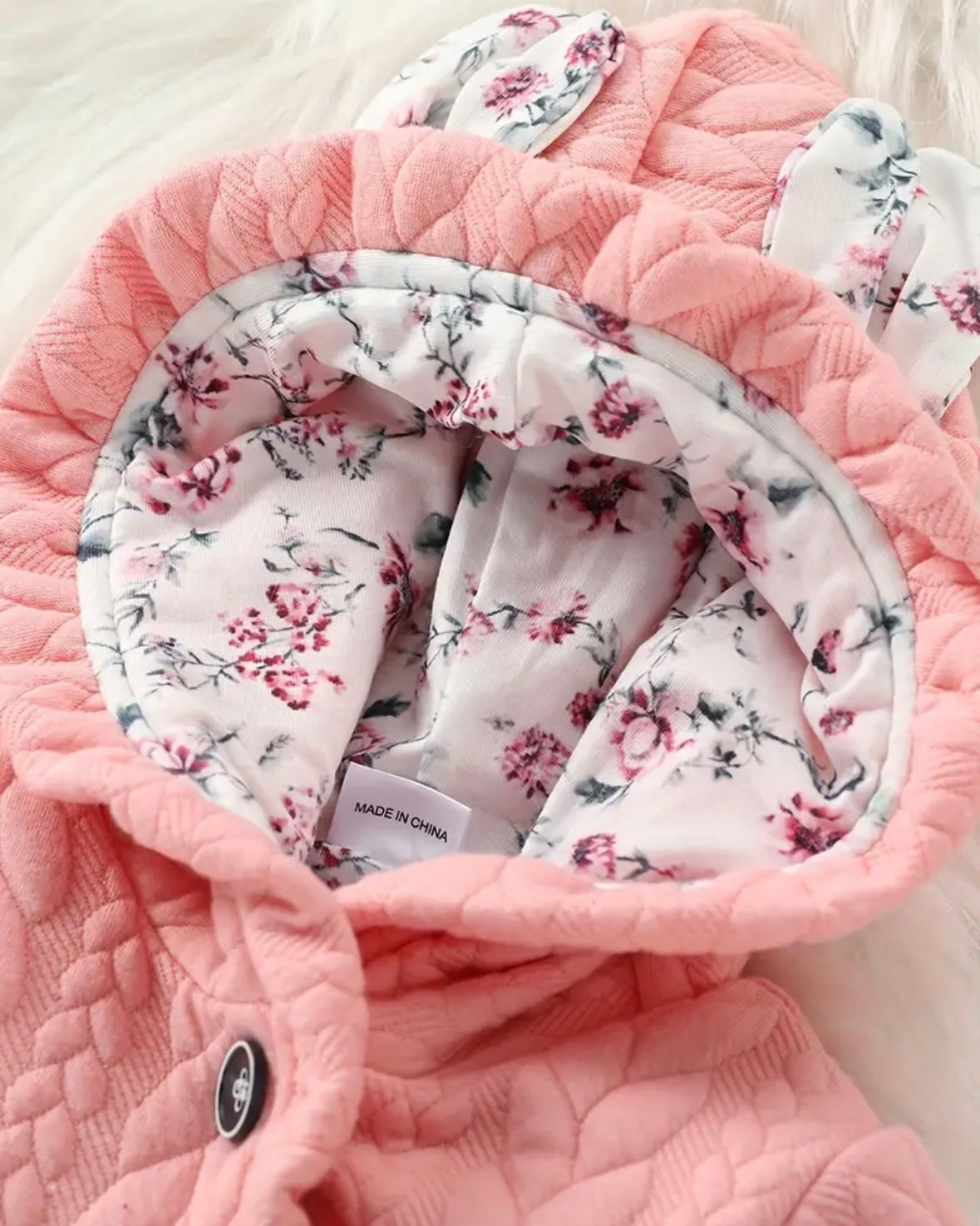 Quilted Baby Romper with Floral Hood – Pink (3–6M)