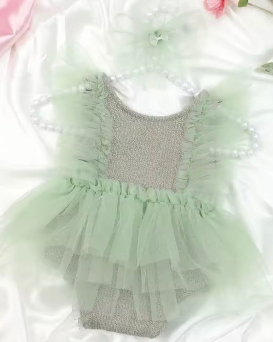 ✨ Mint Green Tulle Newborn Romper with Headband – Baby Girl Outfit | Photography Prop | Special Occasion