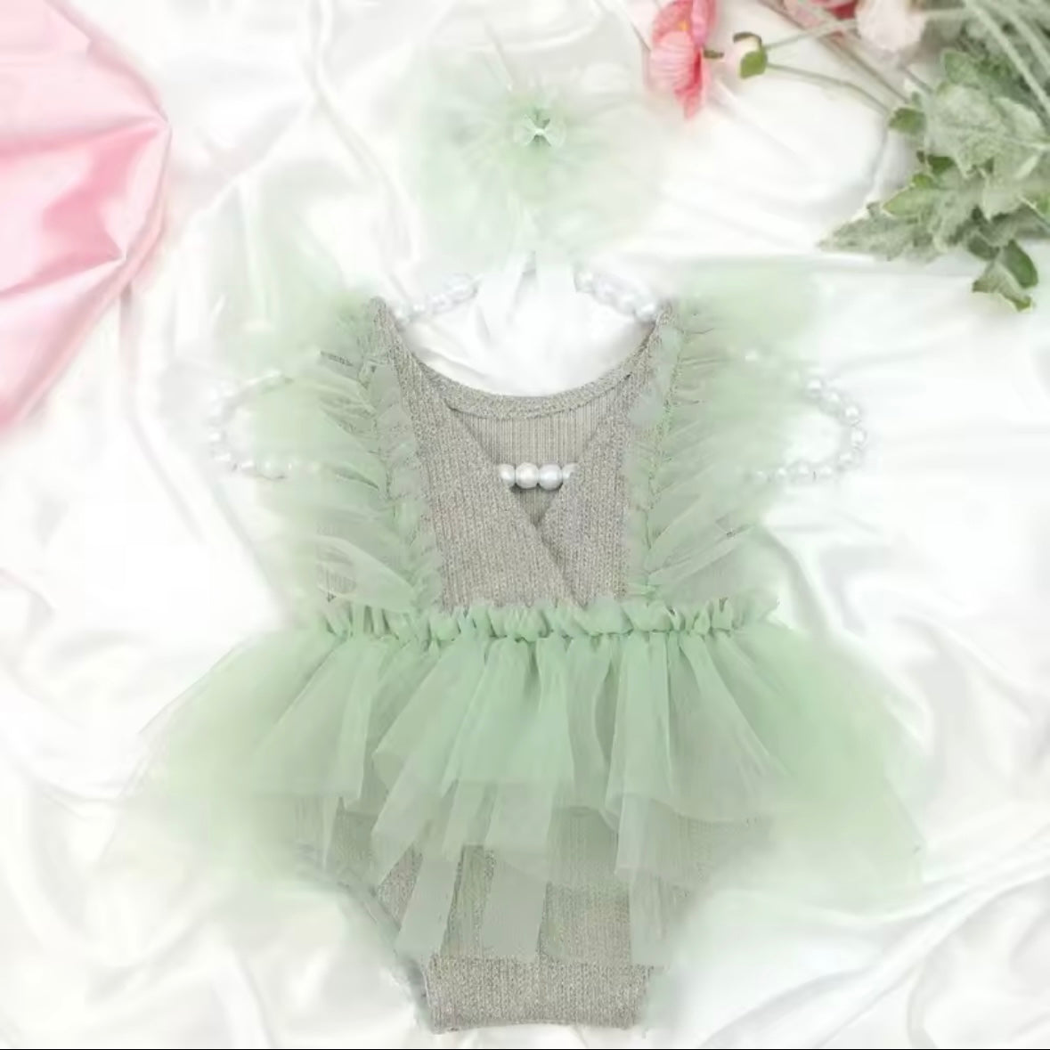 ✨ Mint Green Tulle Newborn Romper with Headband – Baby Girl Outfit | Photography Prop | Special Occasion