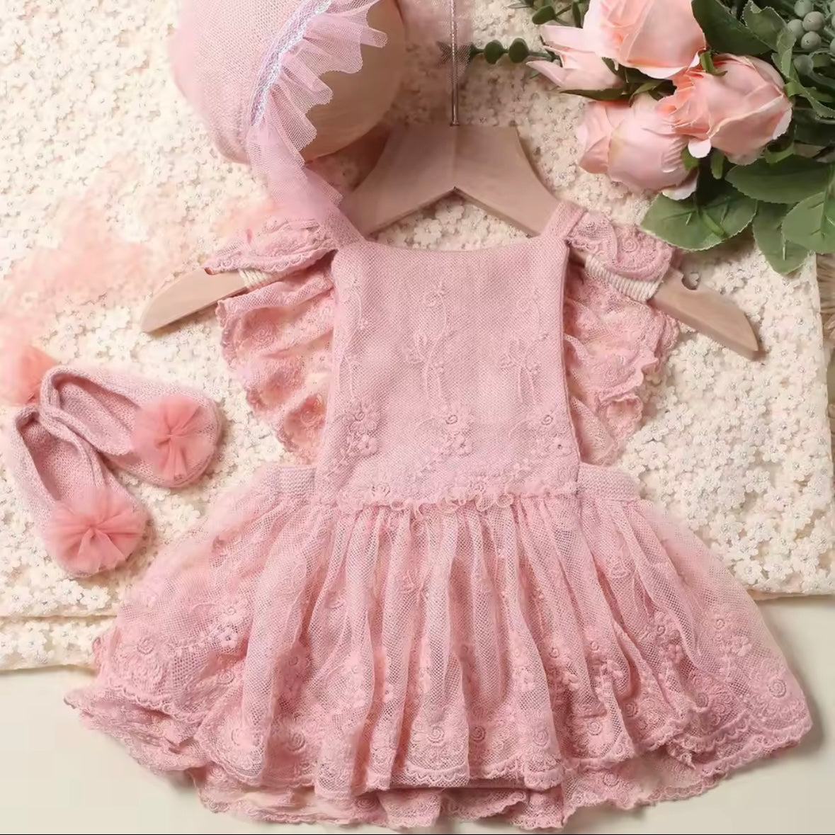 🌸 Blush Pink Lace Newborn Outfit with Bonnet & Shoes – Baby Girl Photography Prop | Special Occasion Romper