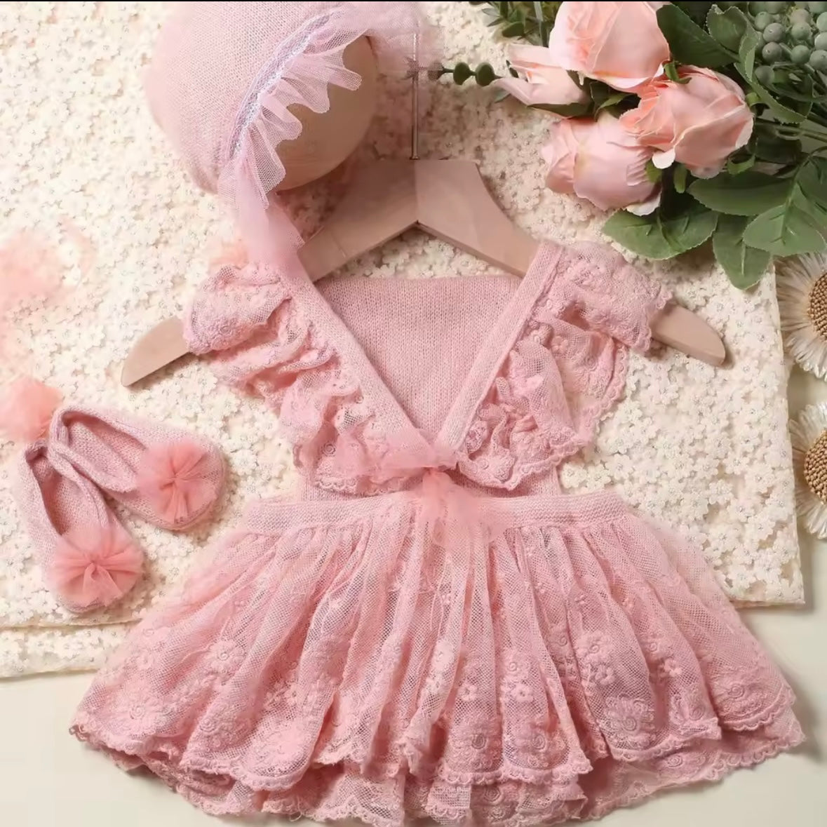 🌸 Blush Pink Lace Newborn Outfit with Bonnet & Shoes – Baby Girl Photography Prop | Special Occasion Romper