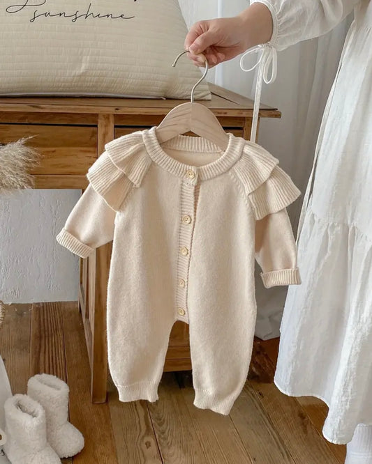 Premium Knitted Baby Girl Ruffle Romper – Soft Beige | Sizes 3–6M