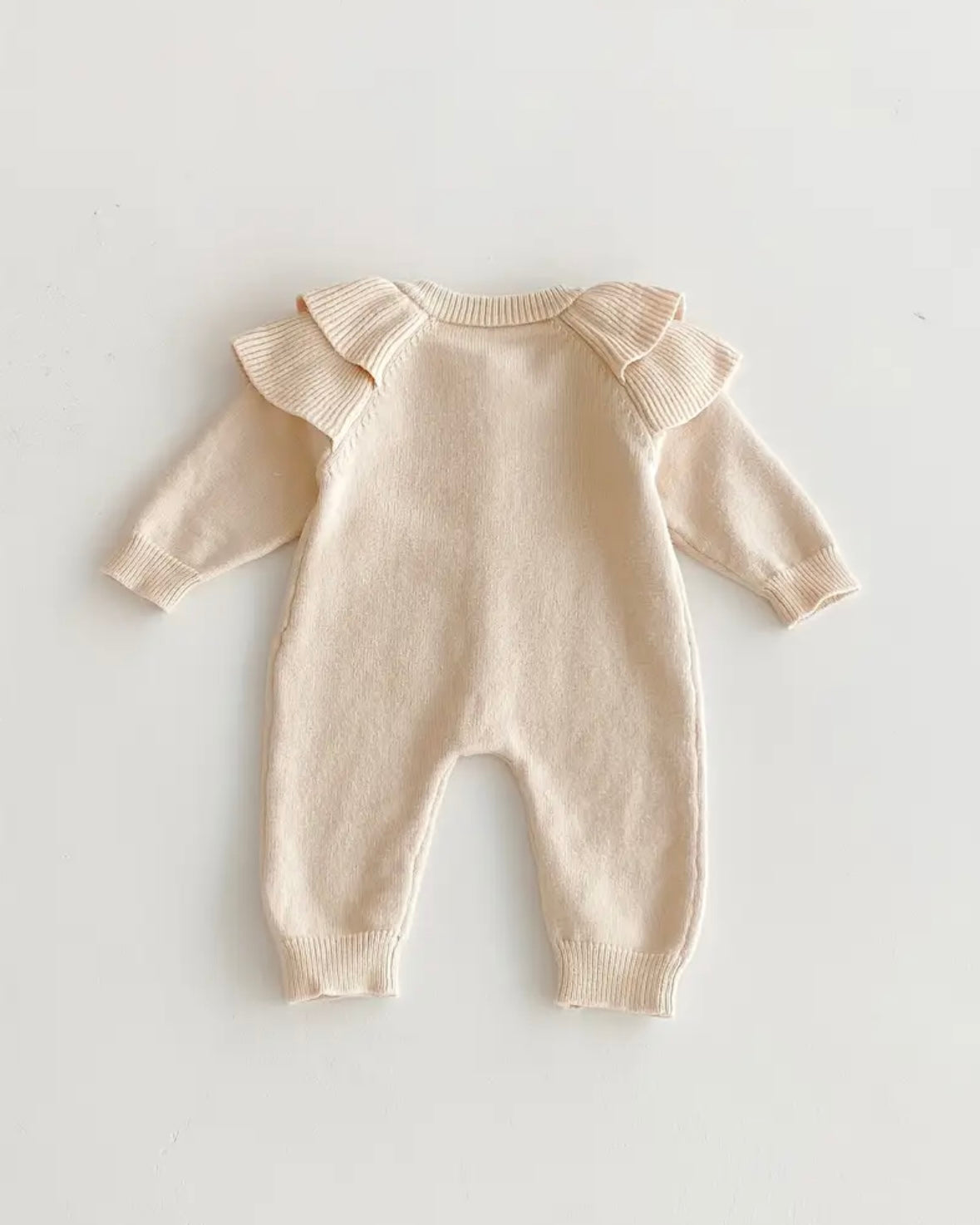 Premium Knitted Baby Girl Ruffle Romper – Soft Beige | Sizes 3–6M