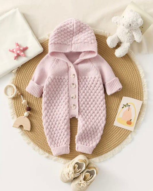 Blushed Lilac Knitted Baby Girl Hooded Romper – Cozy Winter Knit | 3–6M