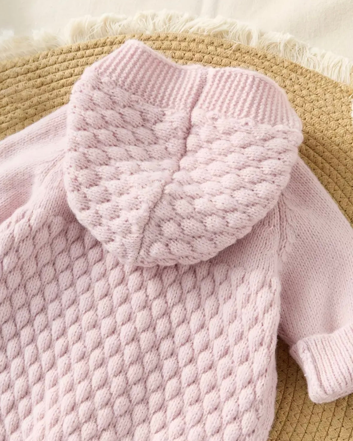 Blushed Lilac Knitted Baby Girl Hooded Romper – Cozy Winter Knit | 3–6M