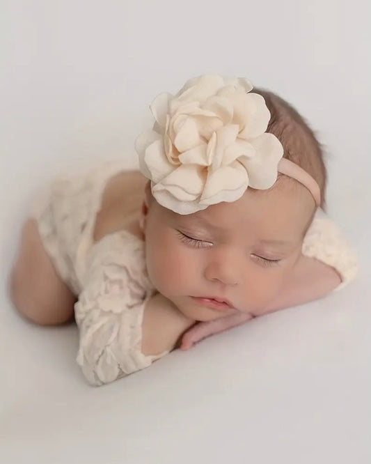 🤍 Newborn Lace Long Sleeve Romper – Ivory Vintage Baby Outfit with Matching Headband