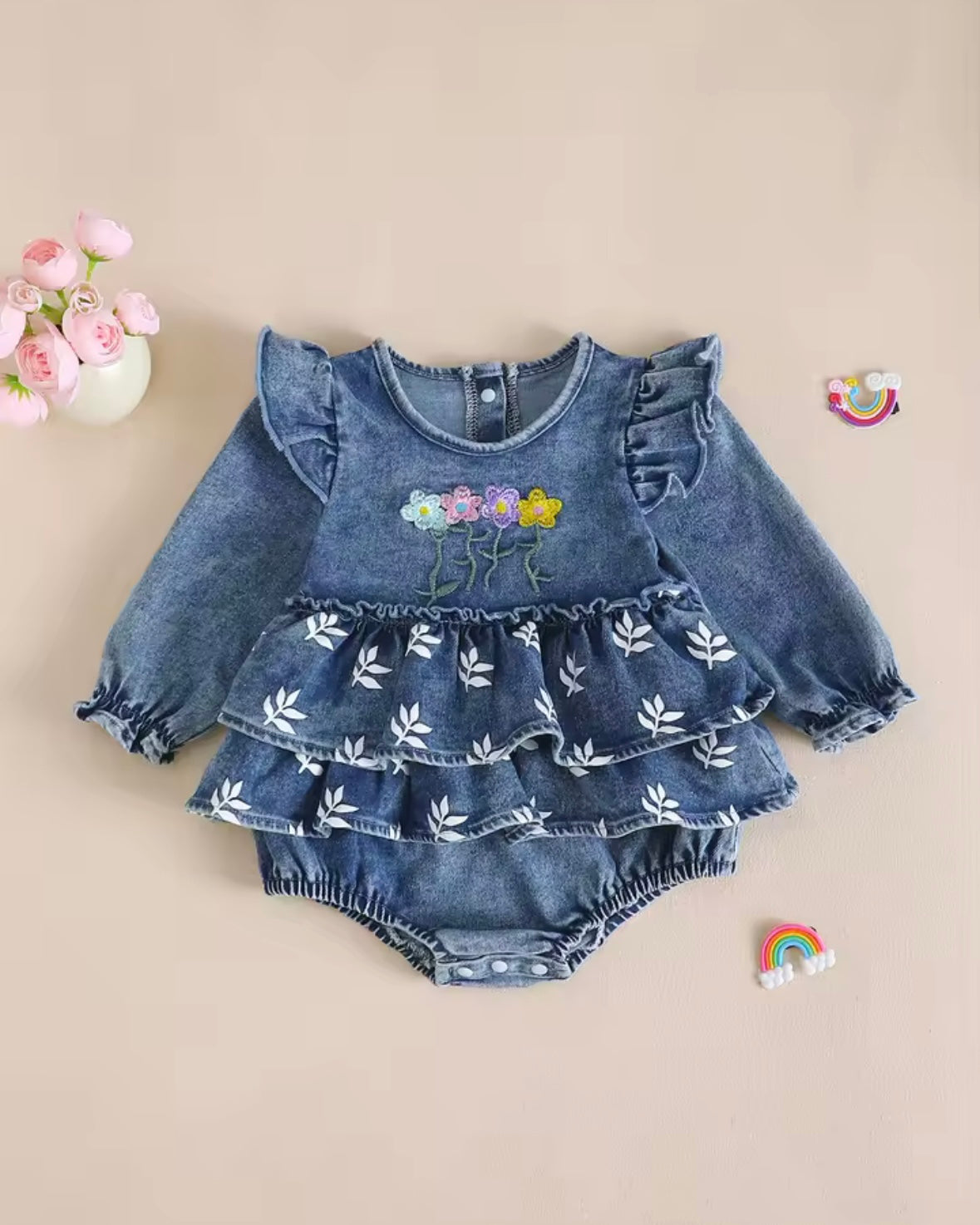 Denim Baby Girl Ruffle Romper with Embroidered Flowers – Boutique Outfit | 3–6M