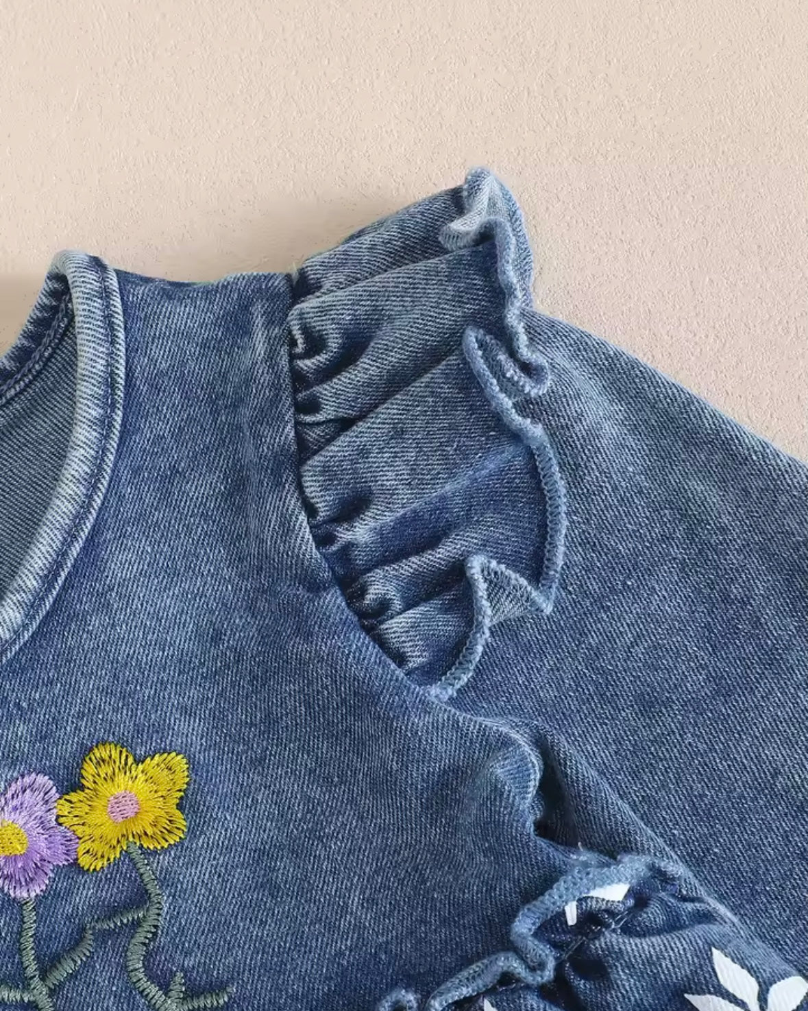 Denim Baby Girl Ruffle Romper with Embroidered Flowers – Boutique Outfit | 3–6M