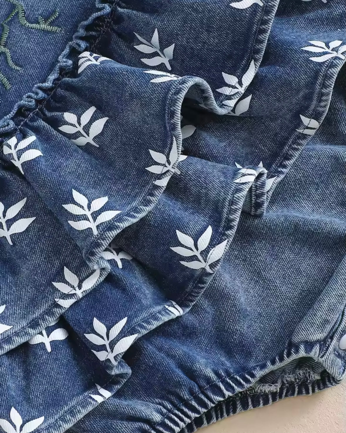Denim Baby Girl Ruffle Romper with Embroidered Flowers – Boutique Outfit | 3–6M