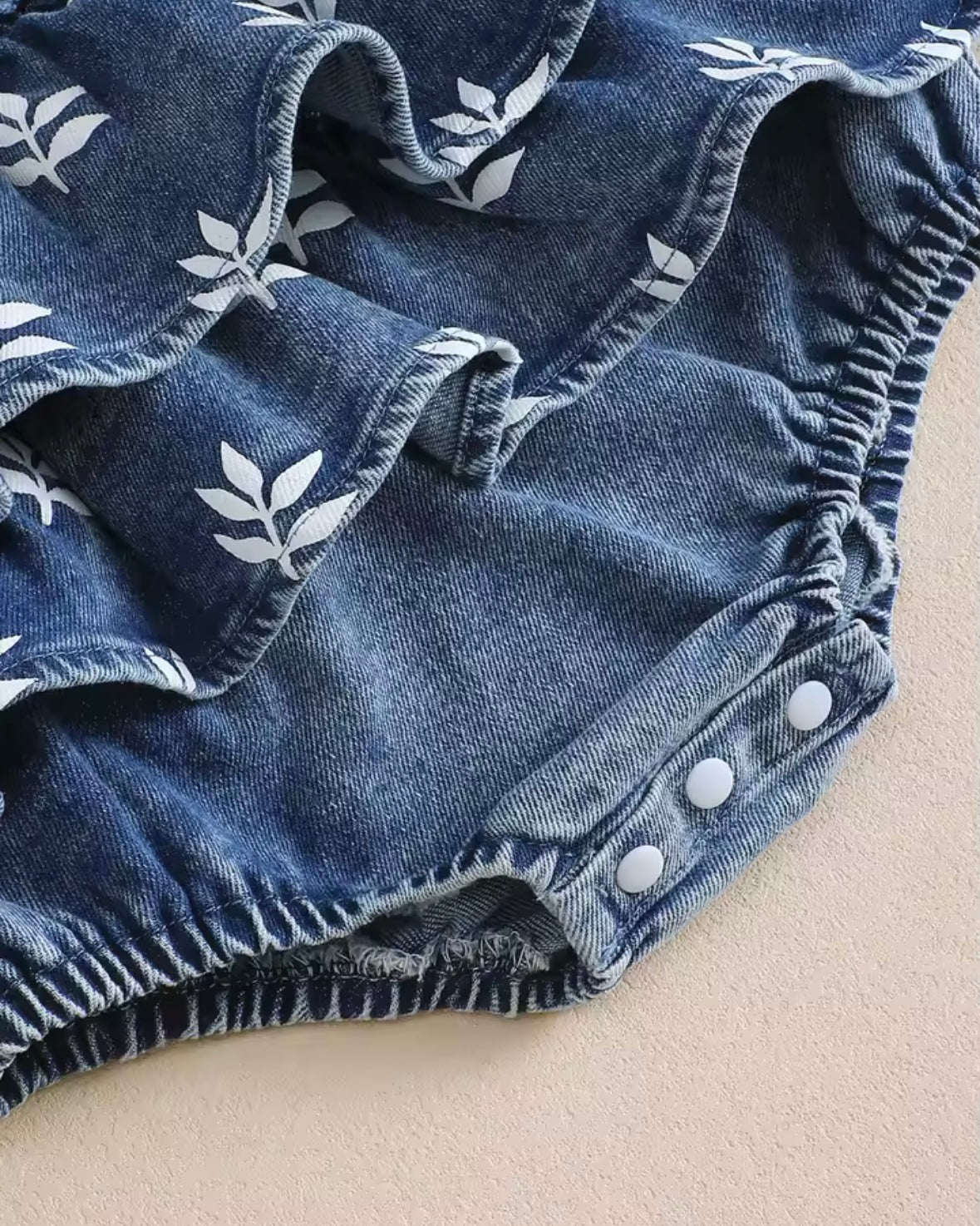 Denim Baby Girl Ruffle Romper with Embroidered Flowers – Boutique Outfit | 3–6M