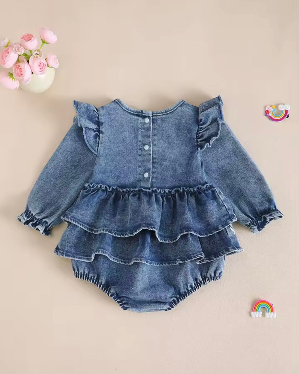 Denim Baby Girl Ruffle Romper with Embroidered Flowers – Boutique Outfit | 3–6M