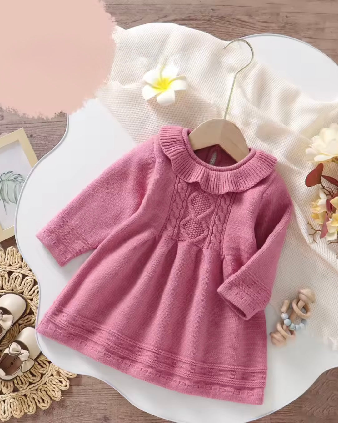 ✨ Premium Knit Baby Dress – Warm Cable Knit Sweater Dress with Ruffle Collar (12–18M)