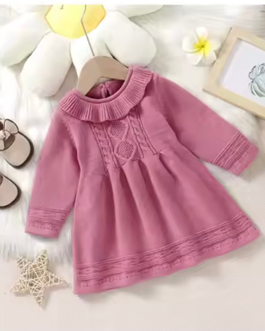 ✨ Premium Knit Baby Dress – Warm Cable Knit Sweater Dress with Ruffle Collar (12–18M)