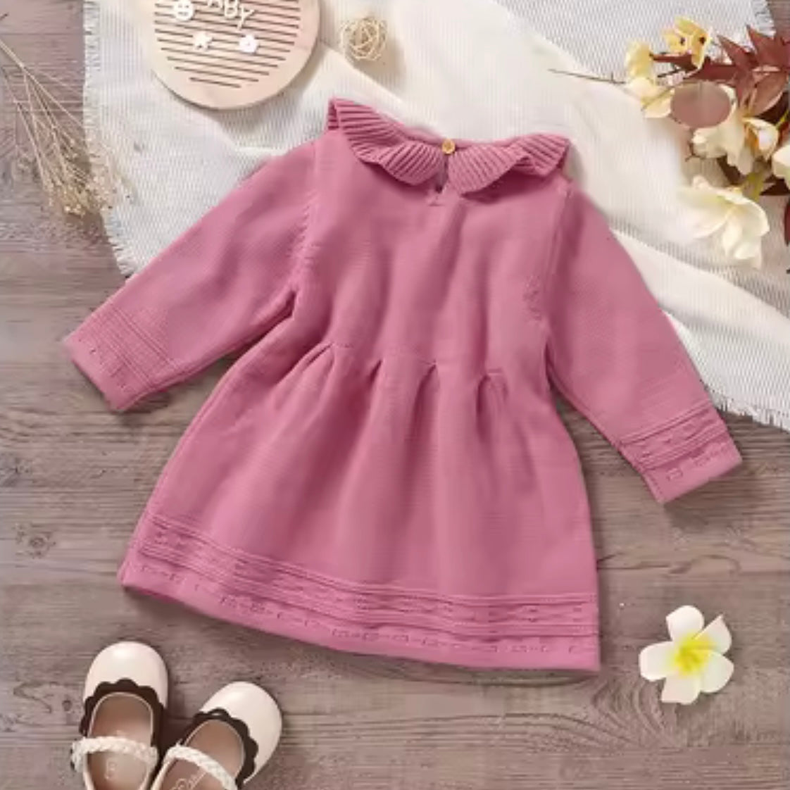 ✨ Premium Knit Baby Dress – Warm Cable Knit Sweater Dress with Ruffle Collar (12–18M)