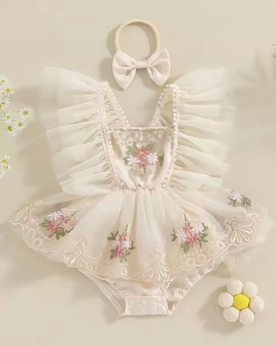 Ivory Angel Wings Tulle Romper with Floral Embroidery – Size 0–3M